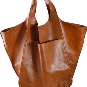 Large Leather Boho Tote Bag - Cognac